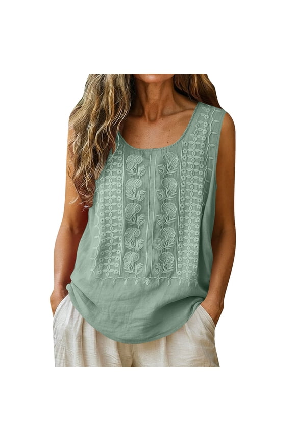 Womens Linen Tops Square Neck Sleeveless Floral Pattern Stitch Relaxed Fit Daily Summer Blouses Trendy Green L