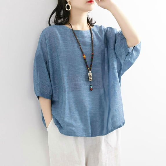 Womens Linen Tops Summer Blouses For Women Summer Linen Tops Oversized Linen Shirts For Women Womens Gauze Tops Flowy Tops For Women Cotton Boho Tops Gauze Shirts Peasant Blouse Blue L