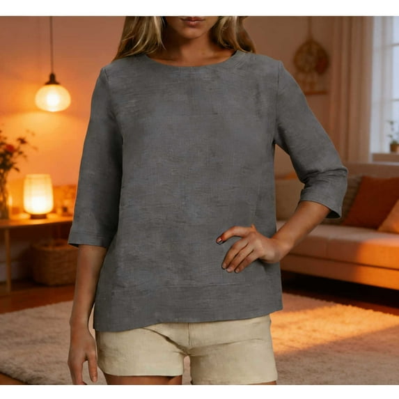 Womens Linen Tops Summer Casual 3/4 Sleeve Crewneck Shirts Solid Color Loose Comfy Tops Basic T Shirts Gray M