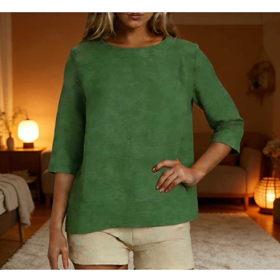 Womens Linen Tops Summer Casual 3/4 Sleeve Crewneck Shirts Solid Color Loose Comfy Tops Basic T Shirts Green S