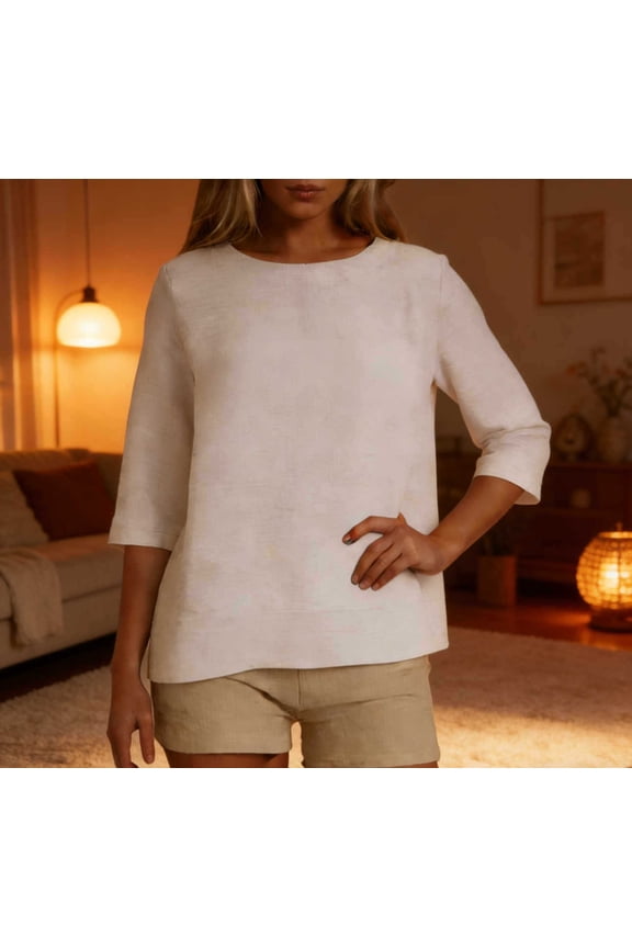 Womens Linen Tops Summer Casual 3/4 Sleeve Crewneck Shirts Solid Color Loose Comfy Tops Basic T Shirts White S