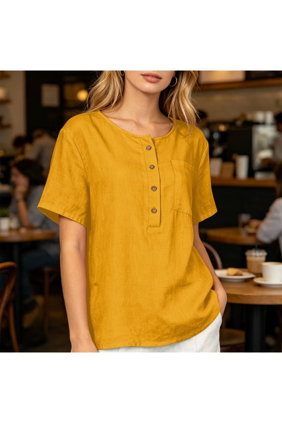 Womens Linen Tops Trendy Summer Short Sleeve Button Henley Shirts V Neck Dressy Casual Linen Cotton Loose Blouses Orange S