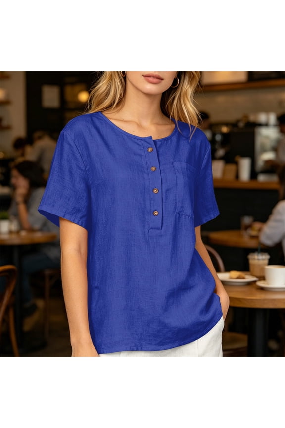 Womens Linen Tops Trendy Summer Short Sleeve Button Henley Shirts V Neck Dressy Casual Linen Cotton Loose Blouses Royal Blue S