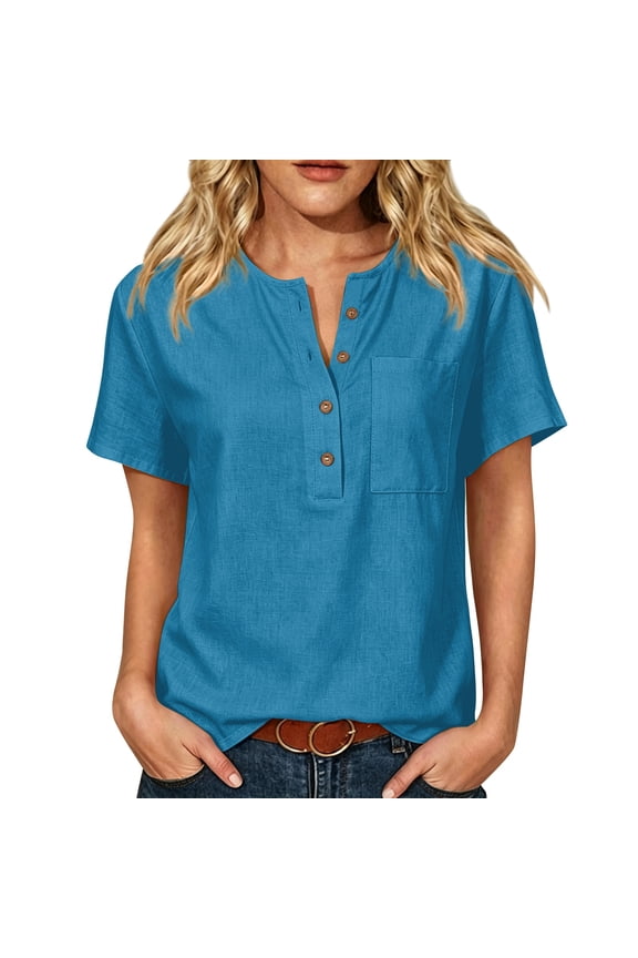 Womens Linen Tops Trendy Summer Short Sleeve Button Henley Shirts V Neck Dressy Casual Linen Cotton Loose Blouses Turquoise S