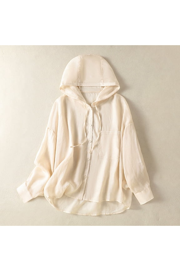 Womens Linen Tops UPF 50+ Rash Guard Long Sleeve Button Down Drawstring Hoodie UV Sun Shirts with Pocket