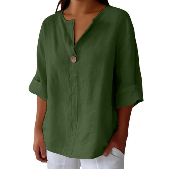 Womens Linen Tops, Yigetop Linen Shirts for Women Summer Cotton Linen V Neck 3/4 Sleeve Tops Loose Vacation Beach Solid Blouses Tunic Tops Cotton Linen Tops for Women Green XL