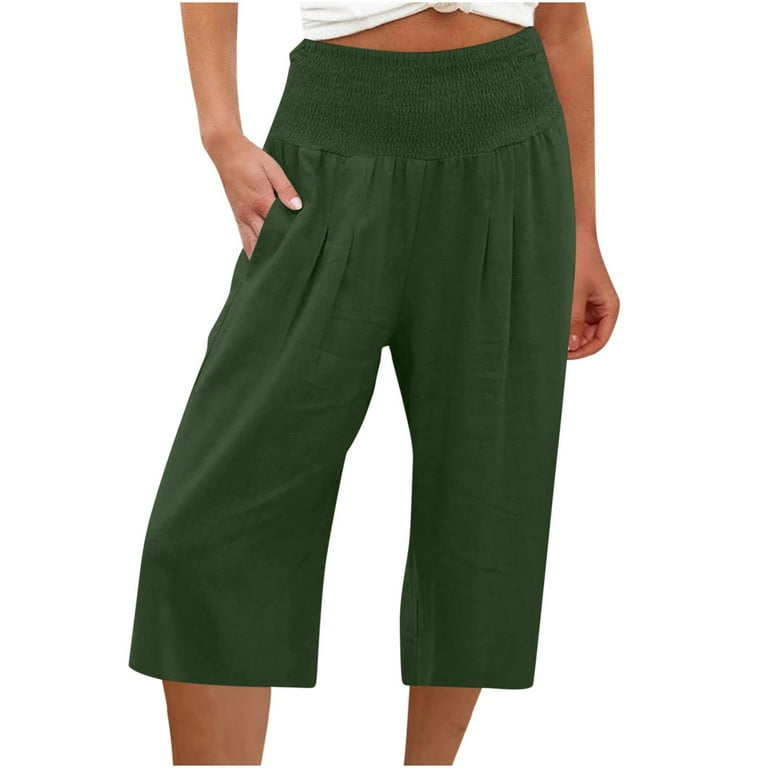 Womens Linen Trousers Cropped Trousers Elasticated Waist Parachute Pants with Pockets Ladies 3 4 Length Trousers Ladies Trousers Wide Leg Trousers Women Ladies Summer Trousers Ladies Capri Trousers Wa...