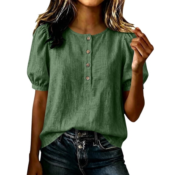 Womens Linen Tshirts Crew Neck Short Sleeve Summer Buttons Tops Casual Roll Sleeve Basic Tee Shirts Trendy Loose Fit
