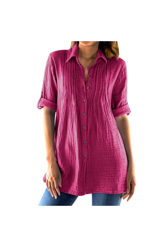 Womens Linen Tunic Top 3/4 Long Sleeve Longline Blouse Ladies Swing Tunic Top Loose Casual Shirts Cotton Linen T Shirt Button Down V Neck Stretch Tee Shirts Comfortable Holiday Shirt