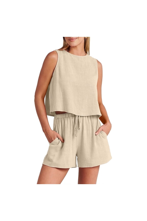 Womens Linen Two Piece Outfit Sleeveless Crewneck Crop Tank Tops Drawsting Wide Leg Shorts Summer Set