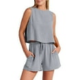 thumbnail image 1 of Womens Linen Two Piece Outfit Sleeveless Crewneck Crop Tank Tops Drawsting Wide Leg Shorts Summer Set, 1 of 8