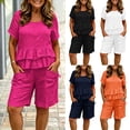thumbnail image 1 of Womens Linen Two Piece Sets Ruffle Short Sleeve Blouse and Drawstring Pocket Shorts Casual Summer Outfits for Women Hot Pink XL(XL), 1 of 6