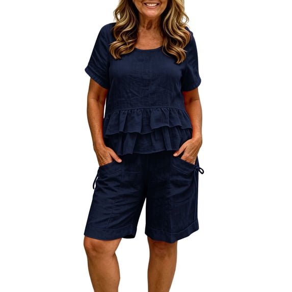 Womens Linen Two Piece Sets Ruffle Short Sleeve Blouse and Drawstring Pocket Shorts Casual Summer Outfits for Women Navy XXL(XXL)