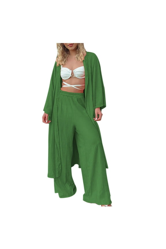 Womens Linen Two Pieces Outfits Solid Color Long Sleeve Cardigan with High Waisted Wide Leg Palazzo Pants Fashion Sets