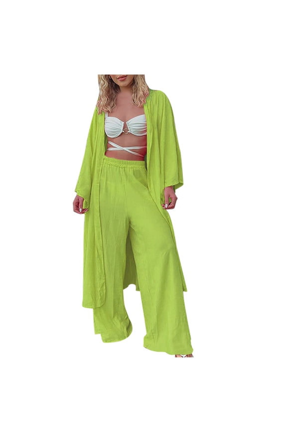 Womens Linen Two Pieces Outfits Solid Color Long Sleeve Cardigan with High Waisted Wide Leg Palazzo Pants Fashion Sets