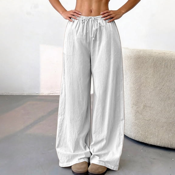 Womens Linen Vacation Pants High Waisted Palazzo Wide Leg Drawstring Trousers Casual Flowy Lounge Pants with Pockets Summer 2026 White L