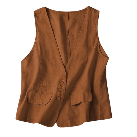 Womens Linen Vest Sleeveless V Neck Button Down Jacket Waistcoat with Pockets Casual Lightweight Business Blazer for Daily & Work Brown XL