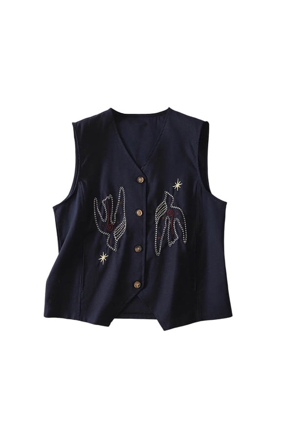 Womens Linen Vest Tops Sleeveless V Neck Embroidered Button Pocket Lightweight Work Casual Cotton Vest