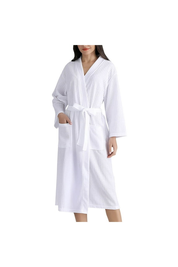Womens Linen Waffle Knit Lightweight Kimono Bath Robes Quick Dry Soft Nightgown Tie Waist Pajama with Pockets