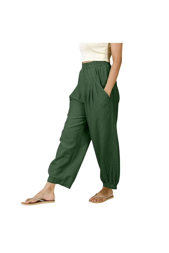 Womens Linen Wide Leg Pants Casual Loose Elastic High Waist Summer Beach Travel Vacation Palazzo Harem Pants with Pockets
