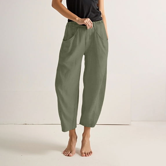 Womens Linen Wide Leg Pants Casual Loose Elastic Waisted Ankle Trousers Barrel Beach Pant Summer Slacks with Pockets Women Long Sleeve Button down Shirt with Pants Casual Pajama Business Casual