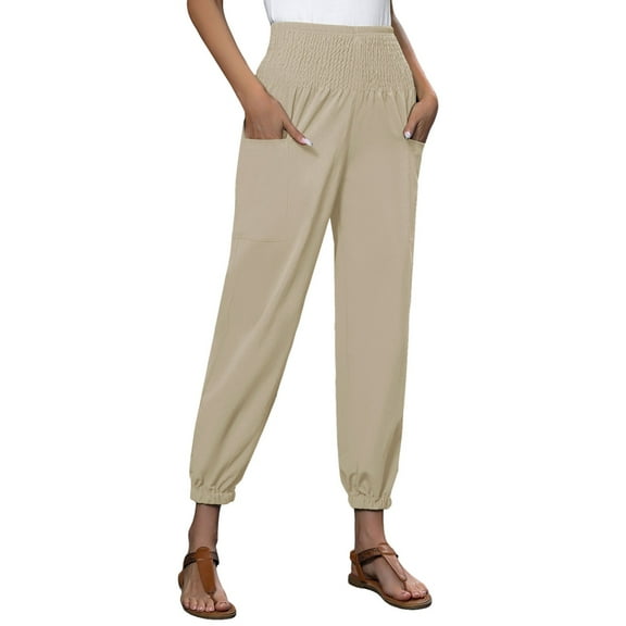 Womens Linen Wide Leg Pants Casual Loose Elastic Waisted Barrel Beach Palazzo Pants With Pockets