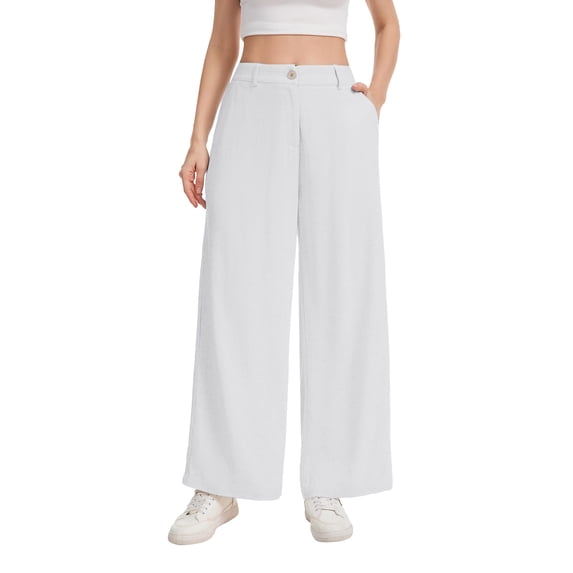 Womens Linen Wide Leg Pants Casual Zipper Front Summer Cropped Trousers Beach Vacation Dressy Pants with Pockets M