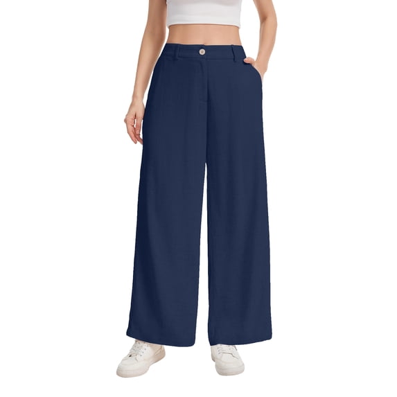 Womens Linen Wide Leg Pants Casual Zipper Front Summer Cropped Trousers Beach Vacation Dressy Pants with Pockets S