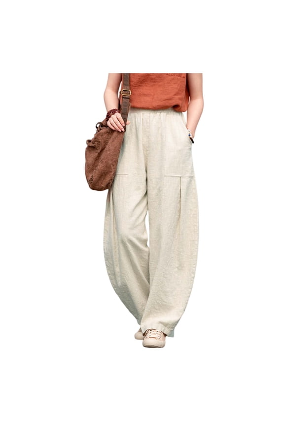 Womens Linen Wide Leg Pants Drawstring Casual Loose Travel Summer Beach Vacation Palazzo Harem Pants with Pockets