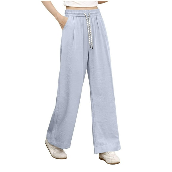 Womens Linen Wide Leg Pants, Elastic Waist Drawstring Casual Sweatpants, High Waisted Straight Comfy Trousers,Blue,3XL