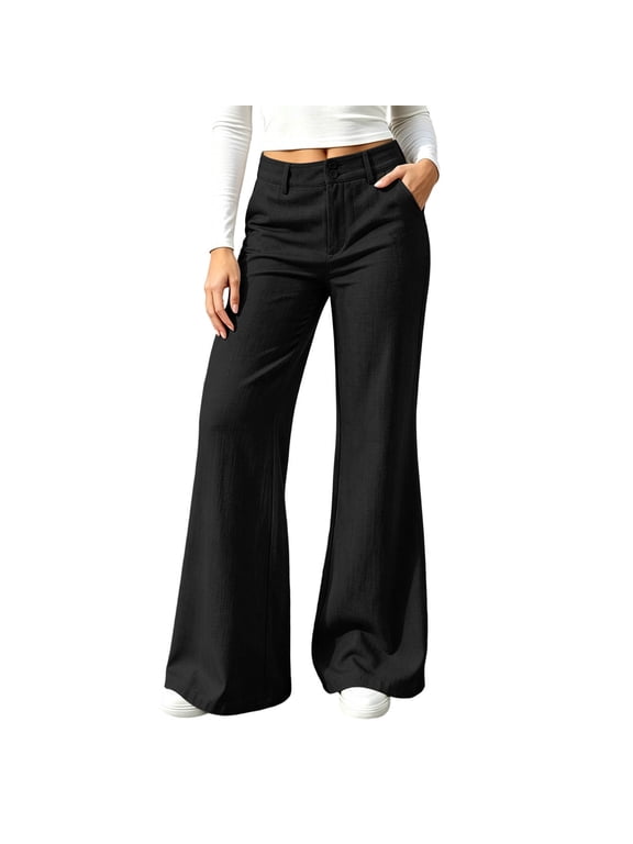 Womens Linen Wide Leg Pants High Waisted Cotton Trousers Cotton Blend, Button Front,Bell Bottom Flare Fit, Side Pockets, Wide Hem, Dress Pants, Casual Office Business Wear