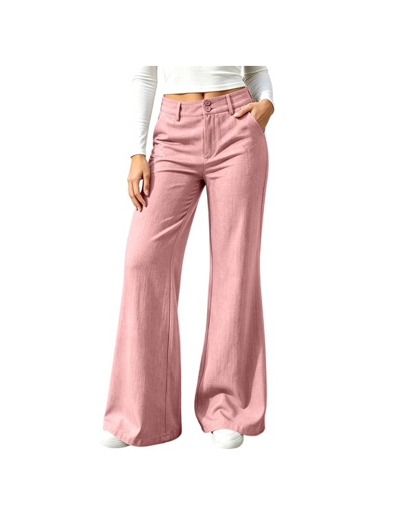 Womens Linen Wide Leg Pants High Waisted Cotton Trousers Cotton Blend, Button Front,Bell Bottom Flare Fit, Side Pockets, Wide Hem, Dress Pants, Casual Office Business Wear