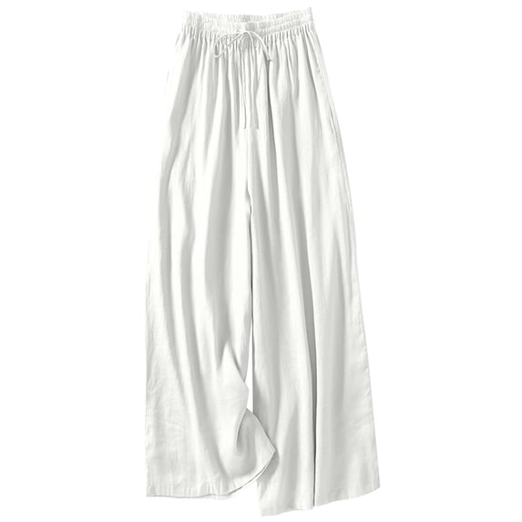 Womens Linen Wide Leg Pants Summer Cotton Drawstring Waisted Flowy Trousers Casual Boho Beach Vacation Travel Slacks White