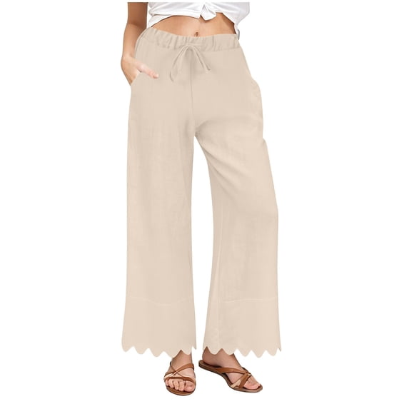 Womens Linen Wide Leg Pants with Pockets Drawstring Loose Lounge Beach Pant Scalloped Bottom Summer Trousers (XL, Beige)