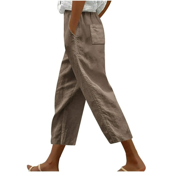 Womens Linen Wide Leg Pants with Pockets Elastic Waist Drawstring Loose Casual Trousers Comfy Straight Leg Pants