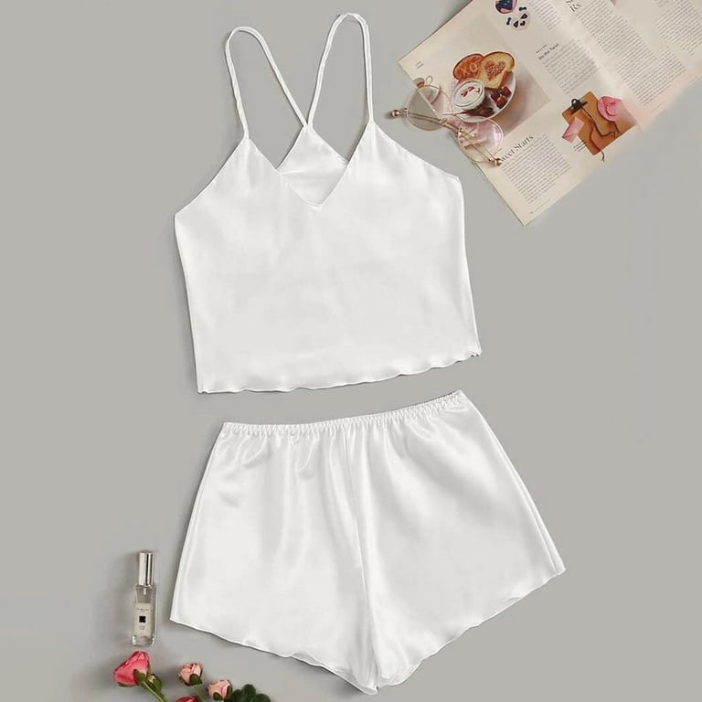 Womens Lingerie Pajama Set Soft Silk Cami Crop Top Shorts Set Sleepwear 2  Piece Pj Set White XL | Shortys