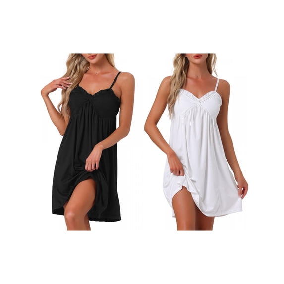 NOMADIC NOOK Women's Lingerie Ruffle Sleeveless Soft Nightgown V Neck Chemise Loungewear 2 Pack Black/White X-Large
