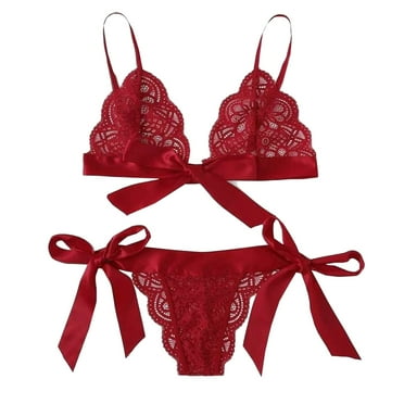 Womens Lingerie Set Bra Underpant Scalloped Trim Tie Side Lace Set Bow
