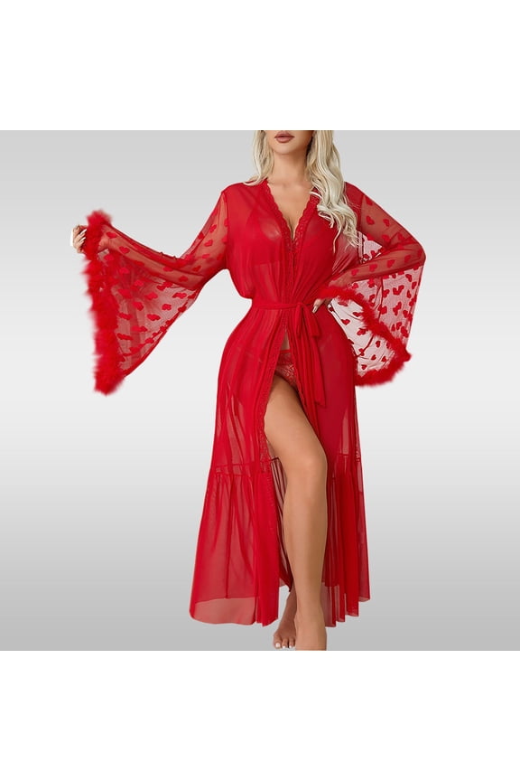 Womens Lingerie Women's Mesh Trim Long Sleeve Belted See Through Robes Bride Exotic Sleepwear Nightwear Clothes