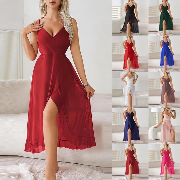 Womens Lingerie Wrap V Neck Nightdress Backless Sleeveless Side Split Soft Mesh Long Nightgown for Pajama Party