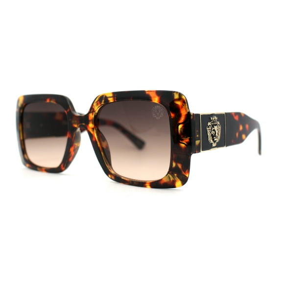Womens Lion Emblem Mod Thick Plastic Rectangle Sunglasses Tortoise Brown