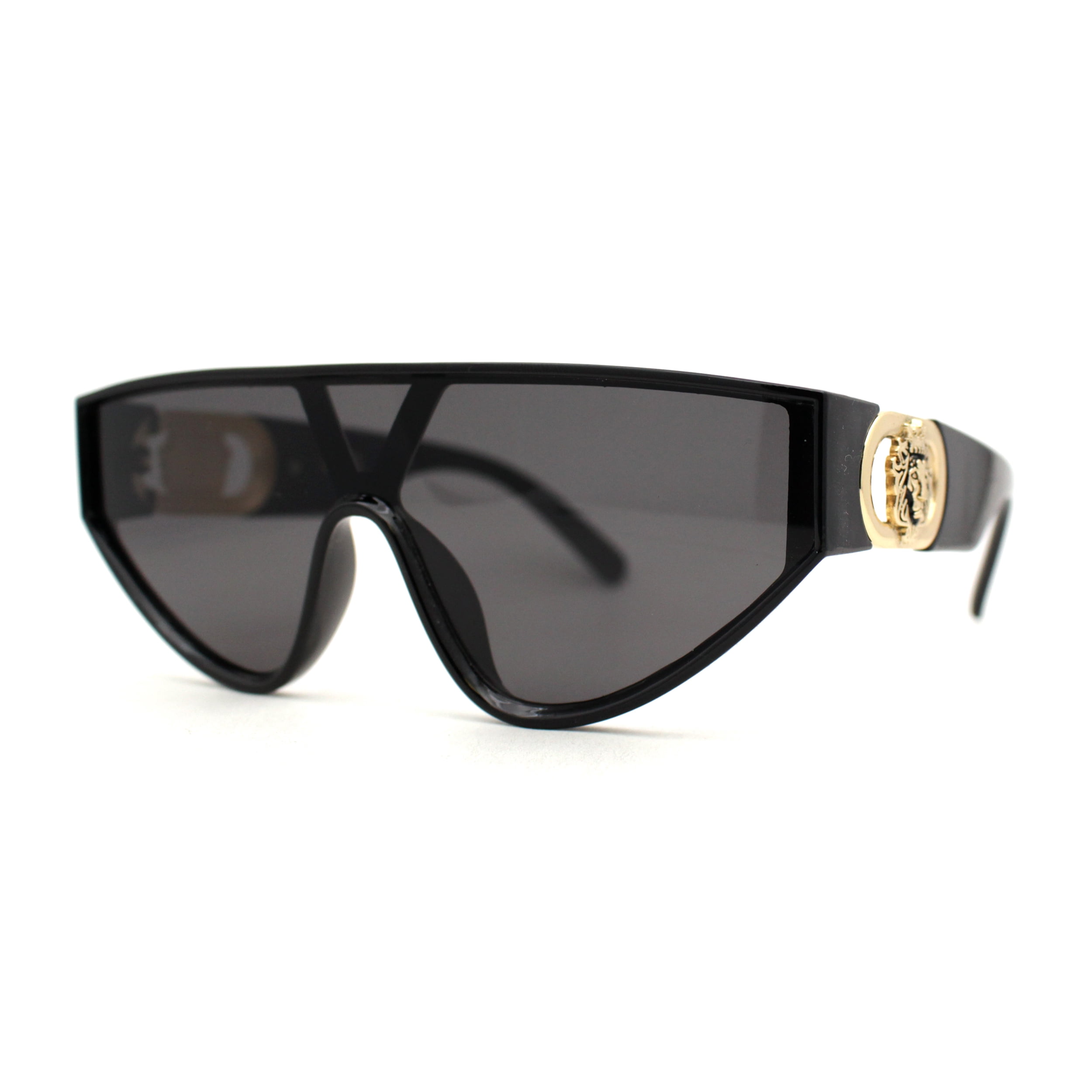 Luxury Black Shield Sunglasses with Gold Emblem Amazon.com: Kleo Oversized Shield One piece Lens Lion Head  main image 2