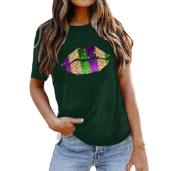 Womens Lip Printed Tops Carnival Short Sleeve Round Neck Tee Solid Casual T Shirt Plain Loose Blouses for Women A-Green XL