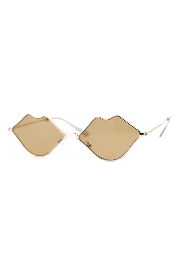 Womens Lip Shape Metal Rim Hippie Sunglasses Gold Brown