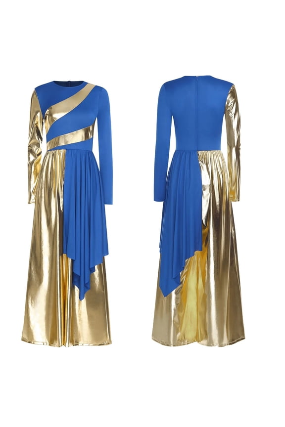 Womens Liturgical Praise Dance Dress Metallic Color Block Patchwork Irregular Drape Wide-Leg Jumpsuit Choir