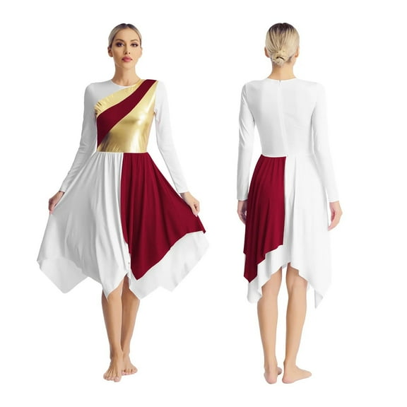 Womens Liturgical Praise Dance Worship Dress Metallic Gold Color Block Loose Fit Lyrical Dancewear