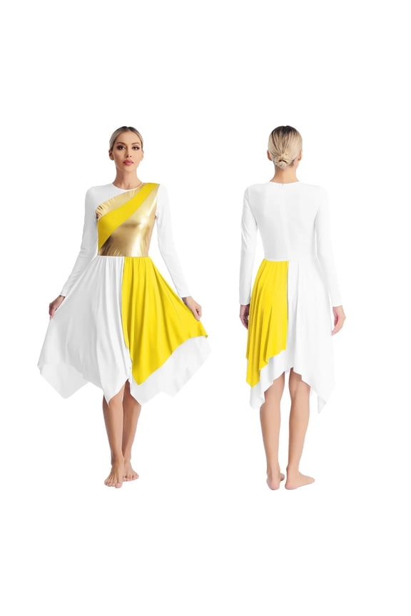 Womens Liturgical Praise Dance Worship Dress Metallic Gold Color Block Loose Fit Lyrical Dancewear