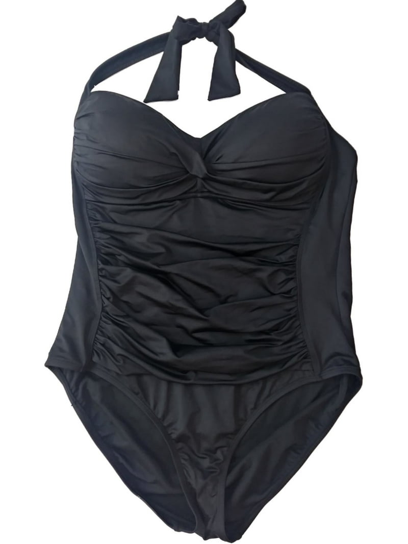 Liz Claiborne Women's Black White Halter Top One Piece Swimsuit