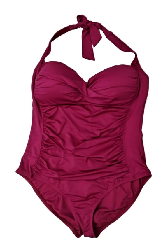 Womens Liz Claiborne Magenta One Piece Halter Top Tie Swimming Suit
