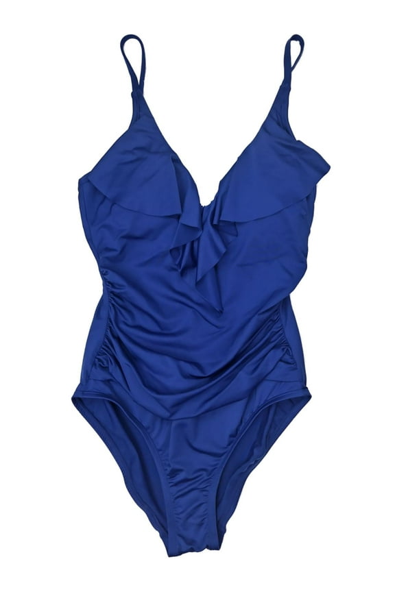 Womens Liz Claiborne Navy Blue Ruffle One Piece Rouched Side Swimming Suit 6